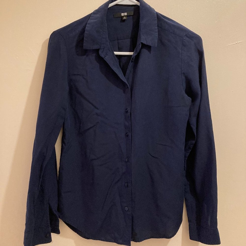 Navy Blue Rayon Button Down UNIQLO Blouse